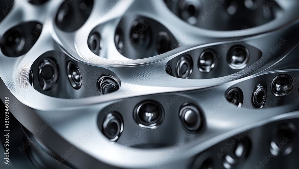 Poster abstract close-up of intricate metallic structure showcasing smooth curves and spherical elements, e