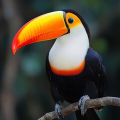 Vibrant toucan perched on a branch, showcasing its large, colorful beak and striking plumage against a blurred background.