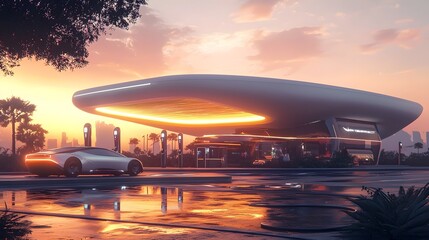 A futuristic electric charging hub repurposed from a former gas station featuring sleek and modern architectural design with reflections in the water and a dramatic sunset sky in the background