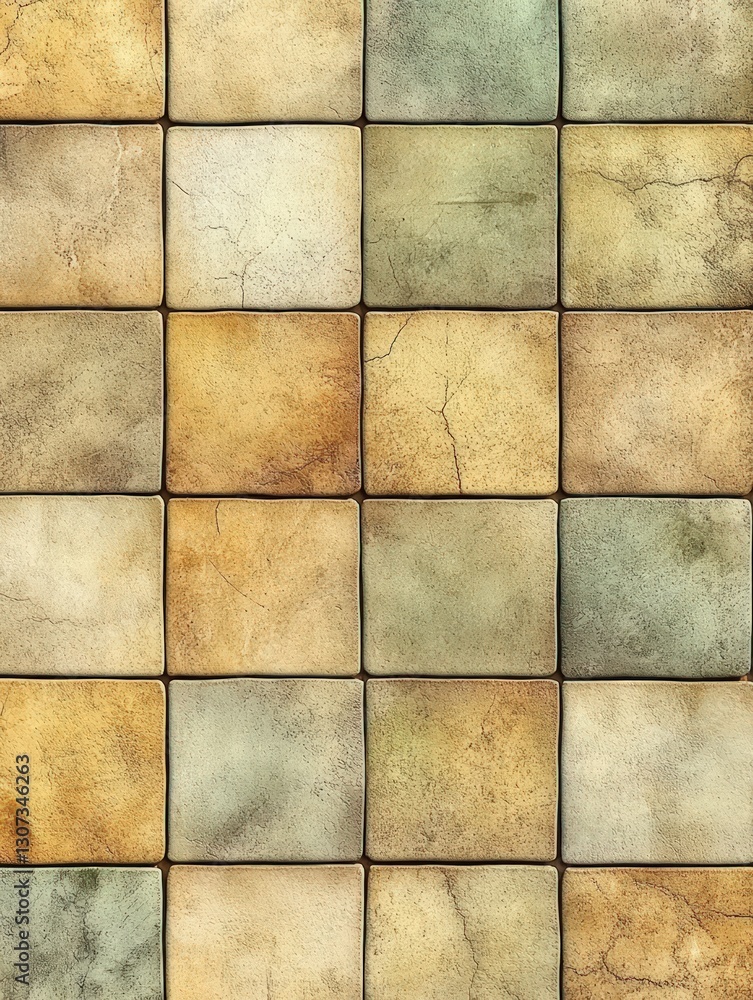 Poster abstract square tile mosaic texture pattern in muted earth tones with aged speckled appearance