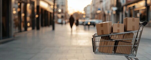 A shopping cart sits empty on a sunlit street, evoking a sense of calm and anticipation in a deserted urban setting.