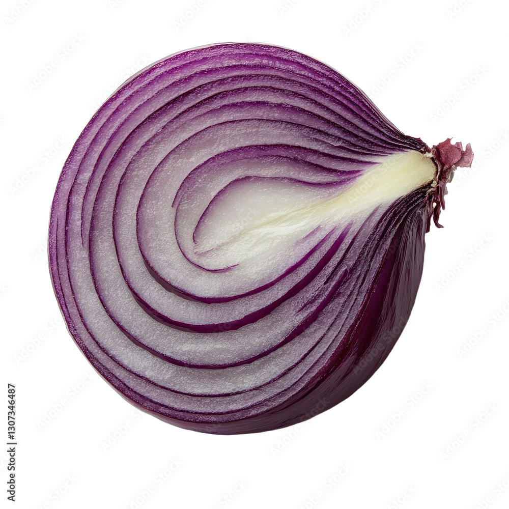 Poster a vibrant cross-section of a red onion displaying its intricate layers of purple and isolated on a t