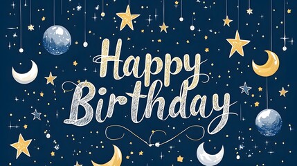 Naklejka premium Gorgeous celestial themed happy birthday card design with shimmering stars crescent moons