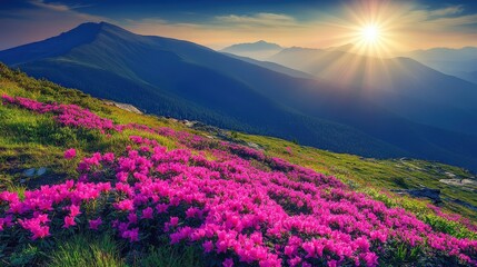 Obraz premium A vivid mountain range bathed in sunlight, framed by a sea of pink rhododendrons blooming vibrantly in the foreground, casting a warm, golden glow across the landscape