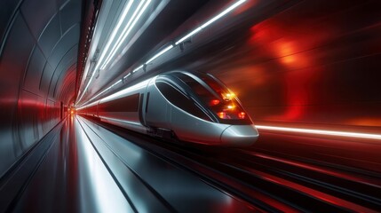 Fototapeta premium High Speed Train in Futuristic Tunnel with Red and White Lights