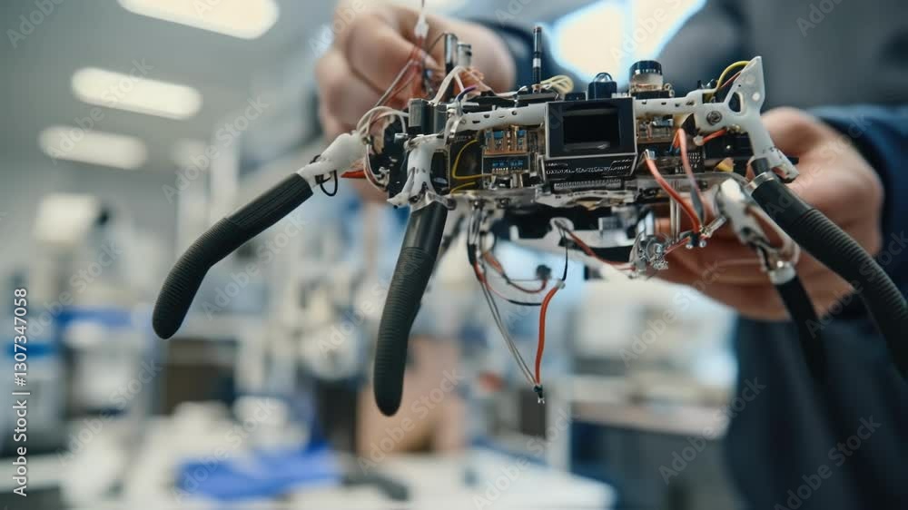 Poster engineer carefully holds and examines a complex, spider like robot prototype, showcasing its intrica