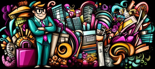 Cartoon businessman amidst city doodles, vibrant colors, business success concept.