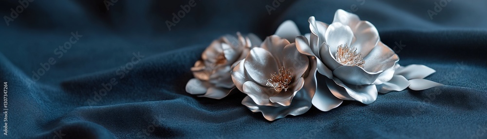 Poster hyper-realistic chrome flowers are elegantly displayed on a soft black velvet surface, illuminated b