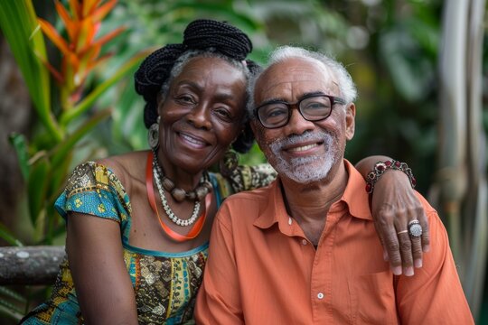 Portrait of a happy multicultural couple in their 60s relaxing and enjoying each other's company