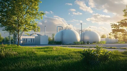 Advanced hydrogen storage facility with large spherical tanks and silos surrounded by a lush green environment and natural landscape under a sunny sky with clouds