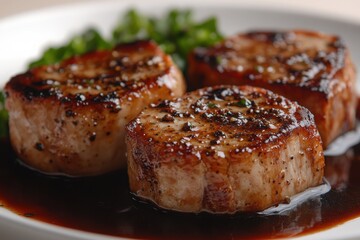 Seared medallions rest on a white plate glazed with dark sauce and green garnish A savory treat for fine dining
