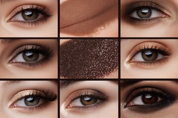 Fototapeta premium Collage of female eyes showcasing makeup styles, textures, and colors. Closeup view, diverse makeup techniques