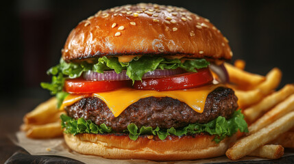 A gourmet burger with perfectly melted cheese oozing over a juicy beef patty