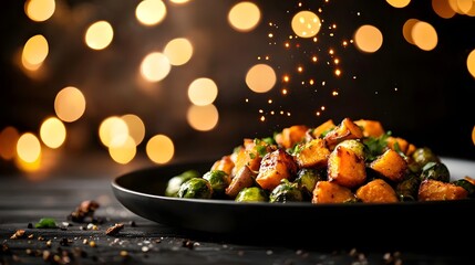 Appetizing dish of roasted sweet potatoes and brussels sprouts with a drizzle of sweet maple glaze presented on a dark plate against a bokeh background  This colorful