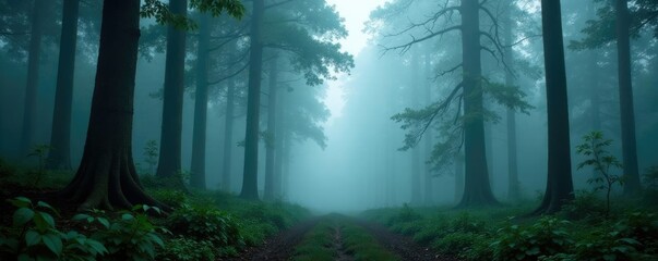 Fog shrouds the forest floor amidst towering trees, dense, mist, humid