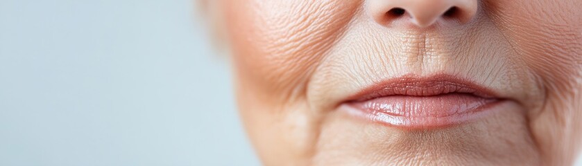 Fototapeta premium Soft golden light illuminates the delicate lines of an elderly woman's lips, enhancing their healthy pink tint. The organic beauty aesthetic embraces natural aging gracefully