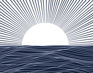 Abstract illustration with rays of the setting sun over the sea. Background with minimalistic lines symbolizing sun rays and waves in the sea.