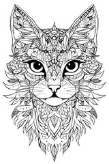 Highly detailed cute cat face coloring page with intricate mandala patterns. Clean black and bold line art, crisp outlines, white background. Simple, no shading, perfect for stress relief and creative