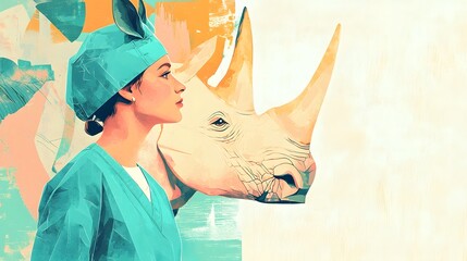 of a Rhino Surgeon Wearing Teal Scrubs Blending a Playful and Professional Style with Soft Pastel Tones Depicting Wildlife Conservation and Veterinary Medicine