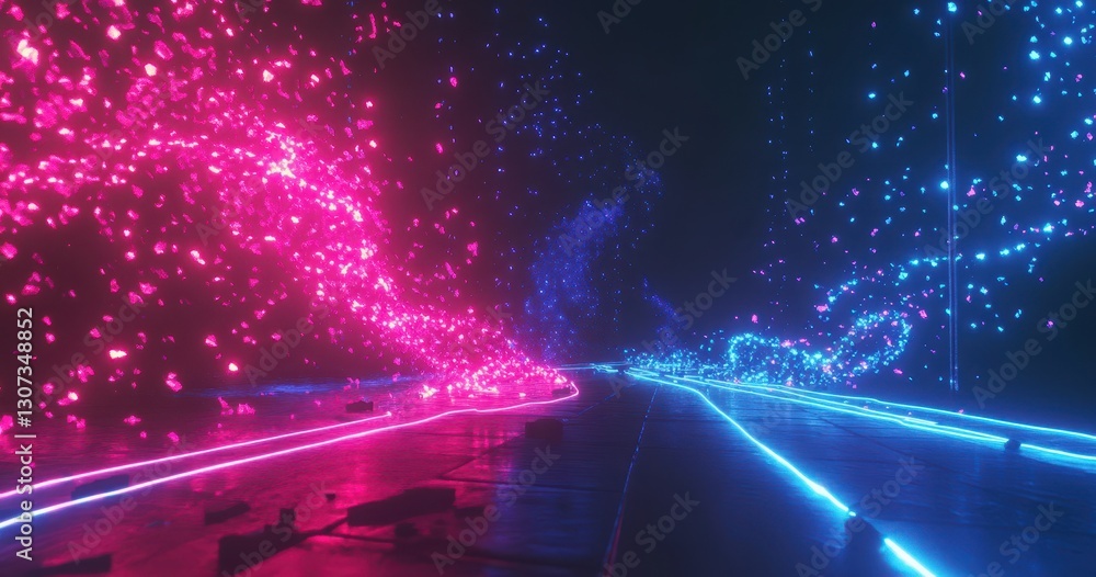 Aufkleber abstract composition of shimmering pink and blue light trails flowing through a dark environment cre