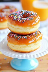 Deliciosos donuts glaseados con chispas de colores en un elegante soporte para postres en una celebraci&oacute;n familiar