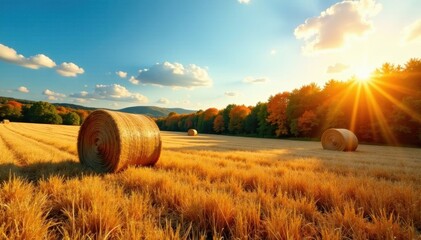 Sunlit field with hay bales, vibrant fall foliage, and dry grasses , september, red, orange
