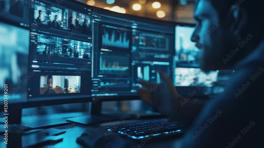 Poster film editor working at night in a modern office using three monitors and professional video editing 
