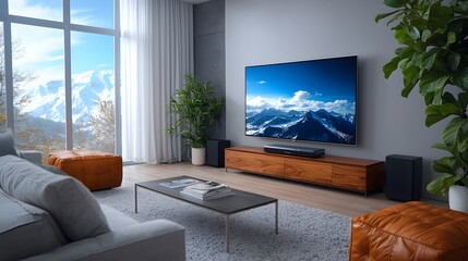 Sophisticated home theater setup with a large flat screen TV elegant furniture moody lighting and an industrial chic vibe