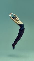 Majestic leap suspended in air, refined yet powerful stance embodying theatrical brilliance in...