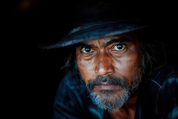 Fototapeta premium A Pensive Gaze: A Captivating Portrait of an Elderly Man, Showcasing the Deep Wrinkles and Lines Etched by Time and Experience.
