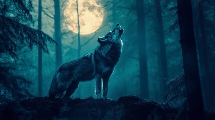 Lone Wolf Howling at Full Moon in a Blue Forest at Night