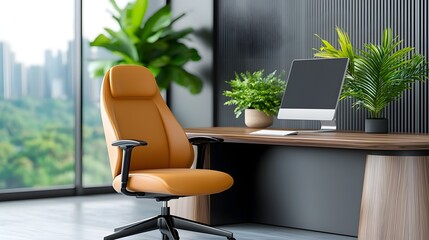 Fototapeta premium Warm and inviting executive office with rich wooden textures strategically placed greenery and a contemporary luxury aesthetic The workspace exudes an elegant and professional atmosphere
