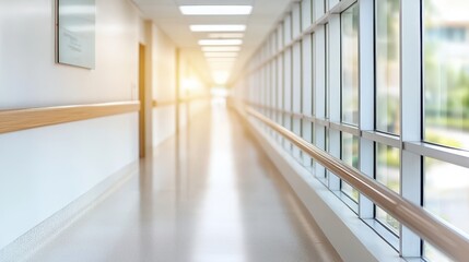A bright, modern hospital corridor with large windows and a polished floor, creating a clean and welcoming atmosphere.