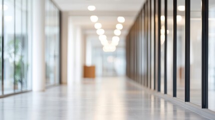 Fototapeta premium A modern office corridor featuring glass walls, bright lighting, and a clean aesthetic, creating an inviting and professional environment.
