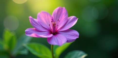 Fototapeta premium Vibrant purple bloom, white heart, lush green backdrop, nature, wildflower, close-up