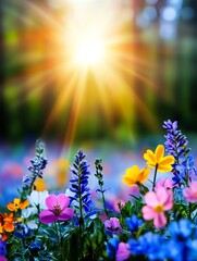 Fototapeta premium Sunlit Meadow Wildflowers - Vibrant wildflowers bathed in sunlight, symbolizing nature's beauty, joy, growth, hope, and tranquility