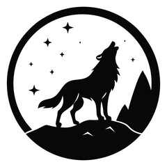 Lone Wolf on a Cliff - Nighttime Animal Illustration