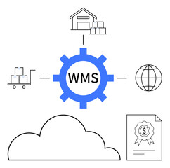Central blue gear labeled WMS connects warehouse, packages, cloud, globe, and certificate. Ideal for supply chain, logistics, cloud computing, inventory global trade efficiency flat simple