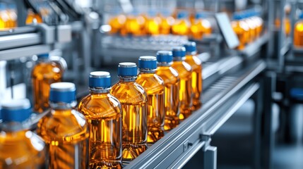 A production line filled with amber-colored plastic bottles, showcasing an efficient bottling process in a factory setting.