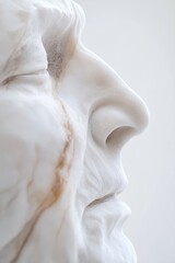 An abstracted elderly face in white marble showcases smooth modernist shapes. High-end soft-focus lighting highlights the elegant features, surrounded by ample space for text