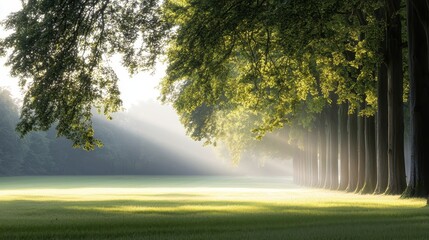 A serene landscape featuring tall trees, gentle sunlight streaming through, illuminating a lush green field.