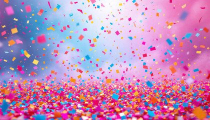 Confetti party background with falling paper confetti on a pink and blue backdrop with rainbow sprinkles