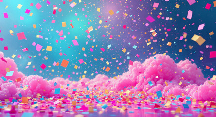 Confetti party background with falling paper confetti on a pink and blue backdrop with rainbow sprinkles