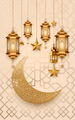 Obraz premium Ornamental Hanging Golden Ramadan Lanterns with Crescent Moon and Stars in an Elegant Islamic Style Reflecting the Spiritual and Festive Atmosphere of Ramadan and Eid with Traditional Arabic Motifs
