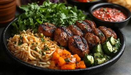 Fototapeta premium Grilled Meatballs with Pasta and Vegetables in a Dark Bowl