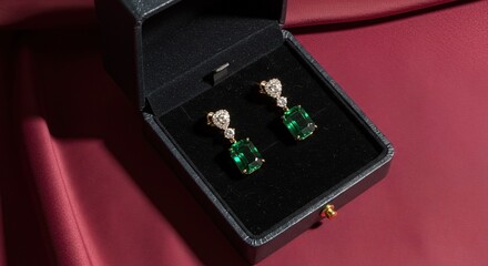 A pair of luxurious emerald and diamond drop earrings rests in a black velvet jewelry box, displayed on a rich burgundy fabric. The earrings feature rectangular emeralds and diamond accents.