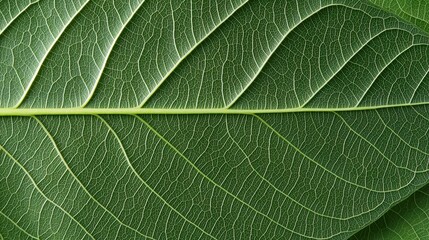 Obraz premium A close-up view of a vibrant green leaf, showcasing its intricate vein patterns and natural texture against a blurred background.