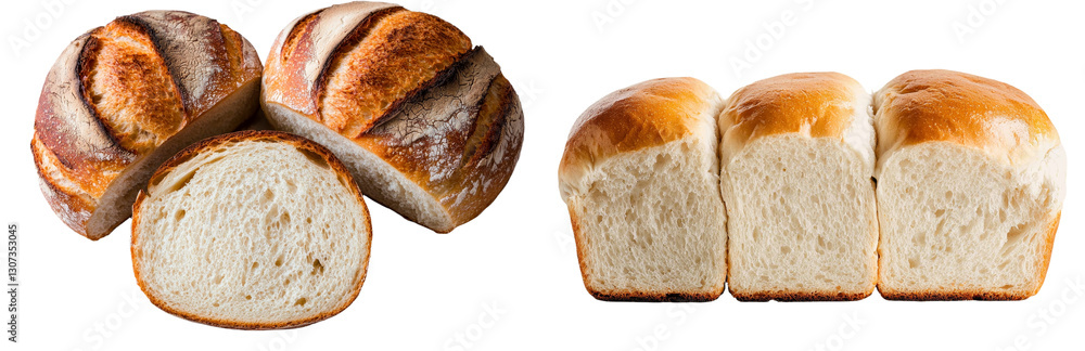Poster A solitary small empty loaf, cleaved into two equal halves, stands isolated with its shadow on a pristine white background