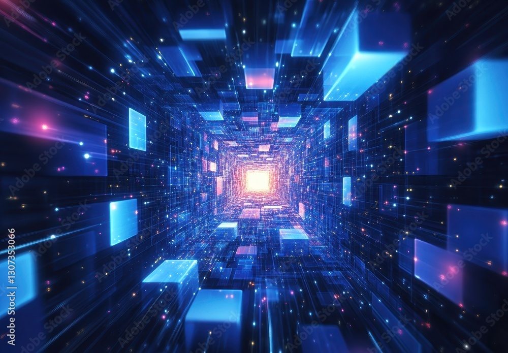 Poster abstract futuristic tunnel with glowing blocks and light particles, creating a sense of depth and mo