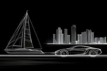 Obraz premium side view, minimalist style, white wireframe with black background of sailing a sleek modern motor yacht on the wavy ocean